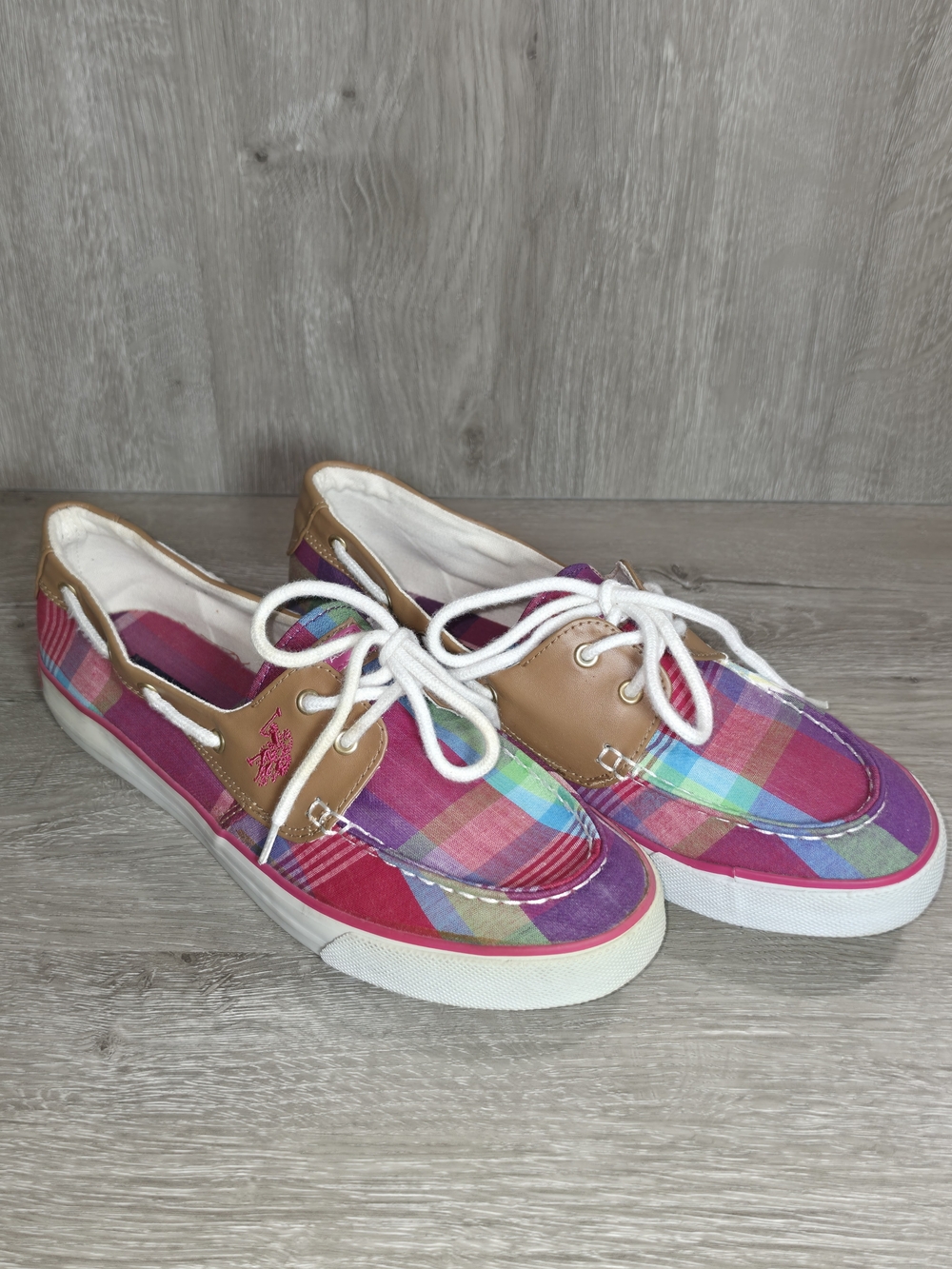 U.S. Polo Assn. Pink Purple Plaid Lace-Up Slip On Boat Shoes - Women Size 11